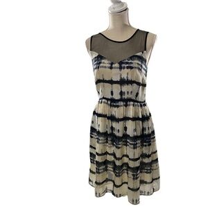 Bar III Women Cream Blue Abstract At Knee A-Line Dress Sz M Mesh Neck Sleeveless